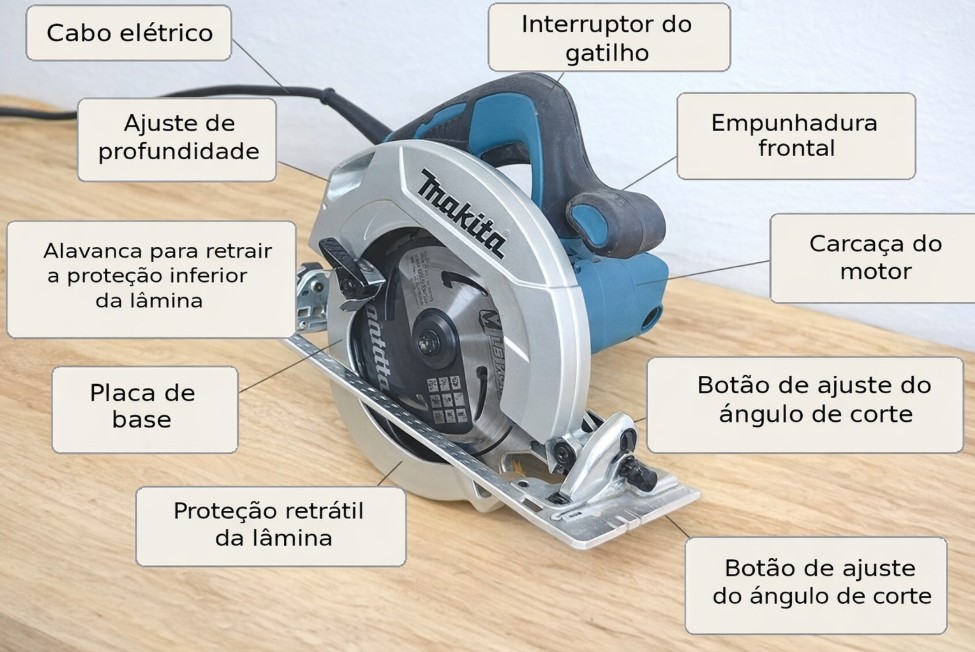 Partes da serra circular Makita identificadas, mostrando cabo elétrico, empunhadura, ajustes de profundidade e ângulo de corte