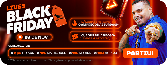 Banner promocional das Lives Black Friday da Loja do Mecânico em 28 de novembro, com destaque para preços especiais em máquinas e ferramentas, cupons relâmpago e horários das transmissões no App e Shopee.