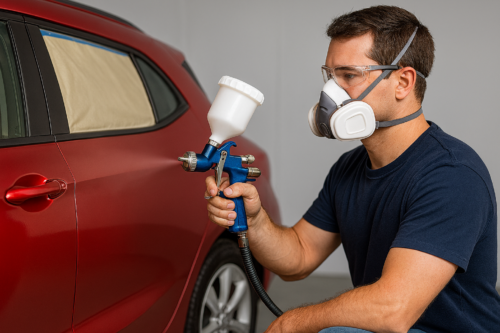 Homem aplicando tinta automotiva em um carro vermelho usando uma pistola de pintura HVLP, com máscara e óculos de proteção.