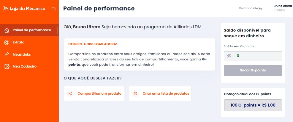 Painel de performance do Programa de Afiliados Loja do Mecânico com saldo em G-points, links de afiliado e extrato de ganhos
