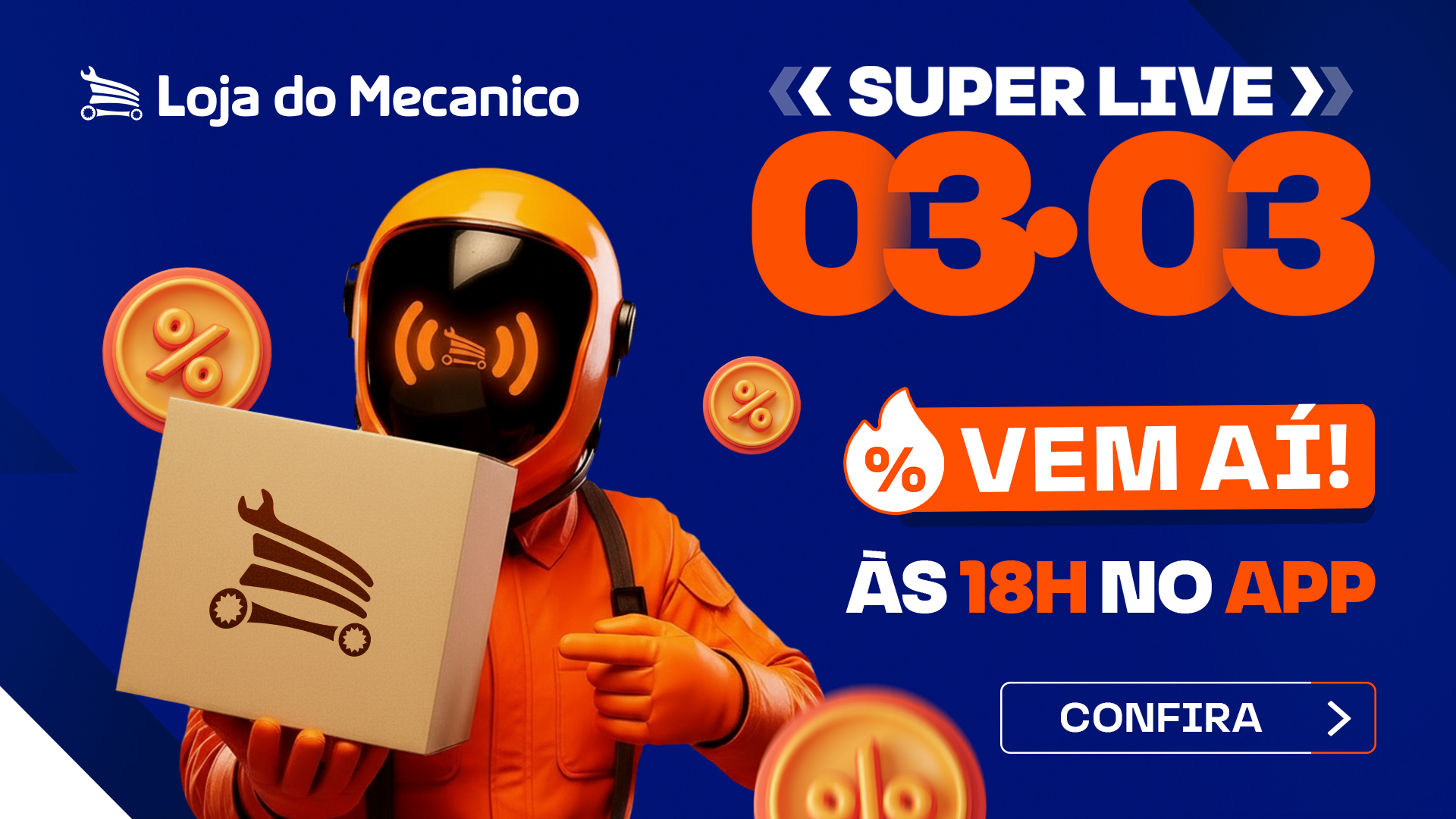 Live do Mês do Consumidor no App Loja do Mecânico, dia 03.03 às 18h, com até 70% OFF em ferramentas e máquinas profissionais. Super Live 03.03 do Mês do Consumidor no App Loja do Mecânico com até 70% de desconto em ferramentas manuais, elétricas e máquinas profissionais.