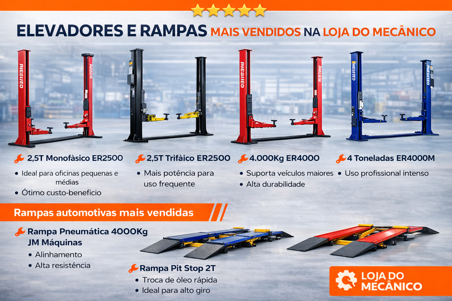 Elevadores automotivos e rampas automotivas mais vendidos para oficina mecânica profissional