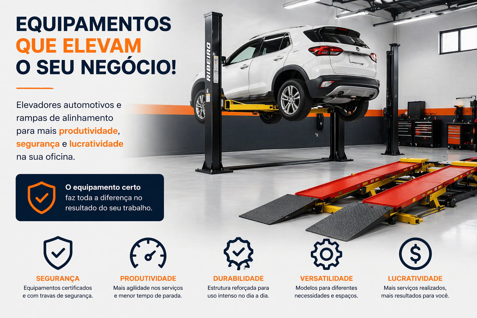 Elevador automotivo com carro suspenso e rampas automotivas em oficina mecânica profissional