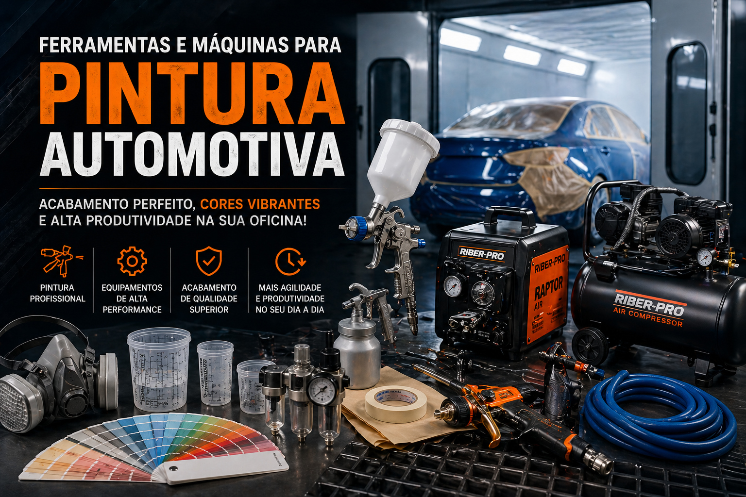 Ferramentas e máquinas para pintura automotiva com pistola de pintura, compressor de ar e equipamentos profissionais em oficina