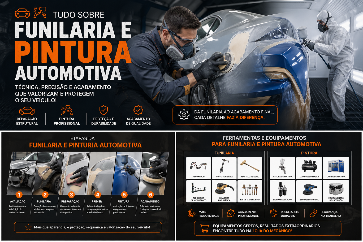 Funilaria e pintura automotiva com etapas do processo e ferramentas profissionais usadas em oficina automotiva