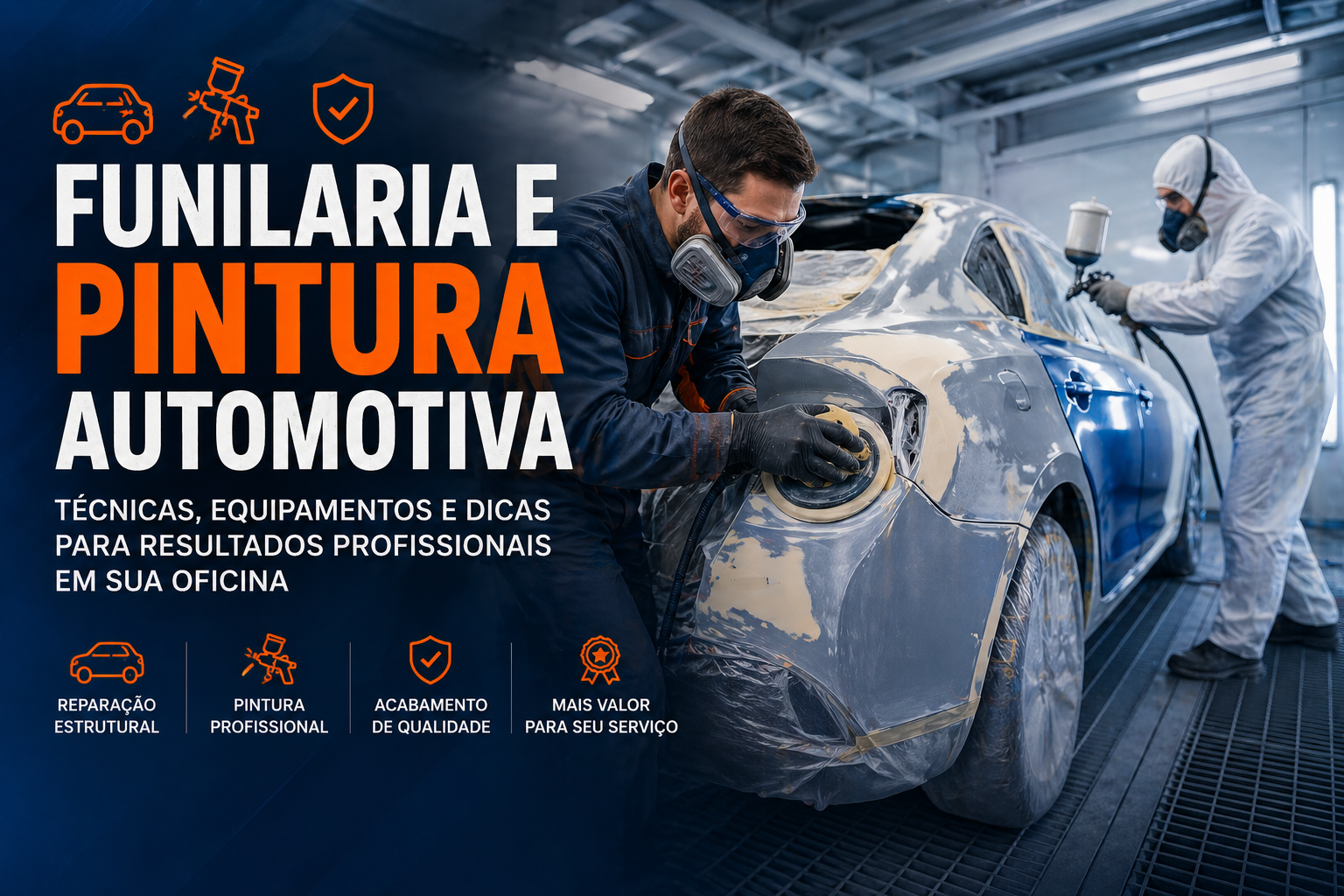 Profissionais realizando funilaria e pintura automotiva com ferramentas e equipamentos em oficina