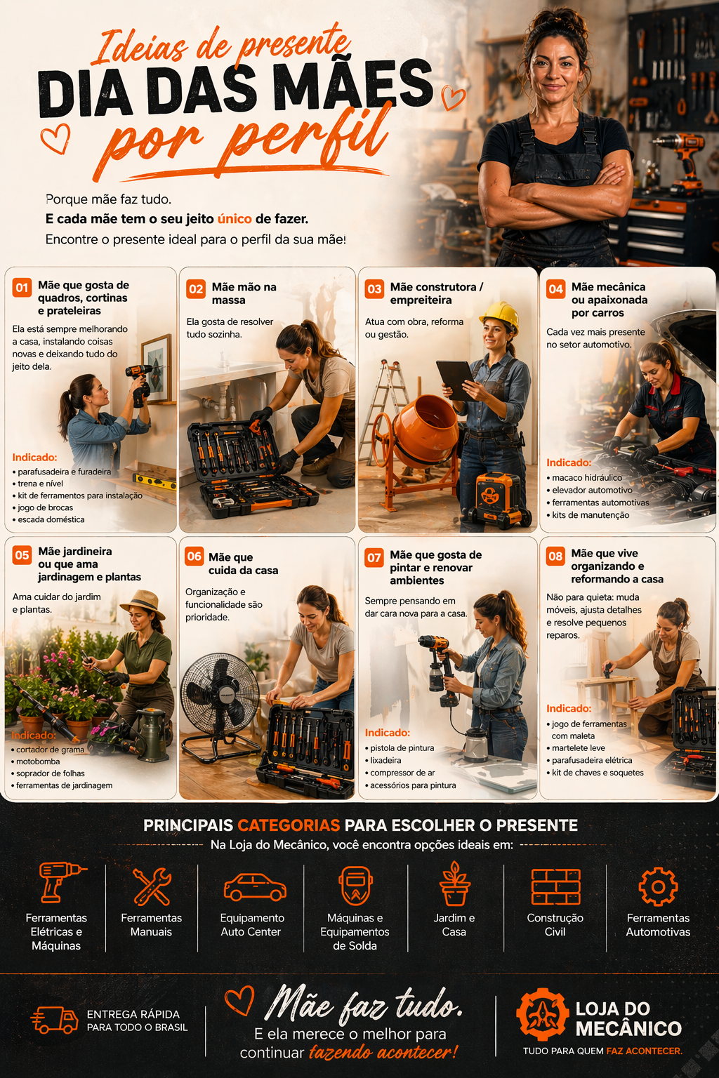 Ideias de presente para o Dia das Mães por perfil com ferramentas, equipamentos e categorias para mulheres mão na massa