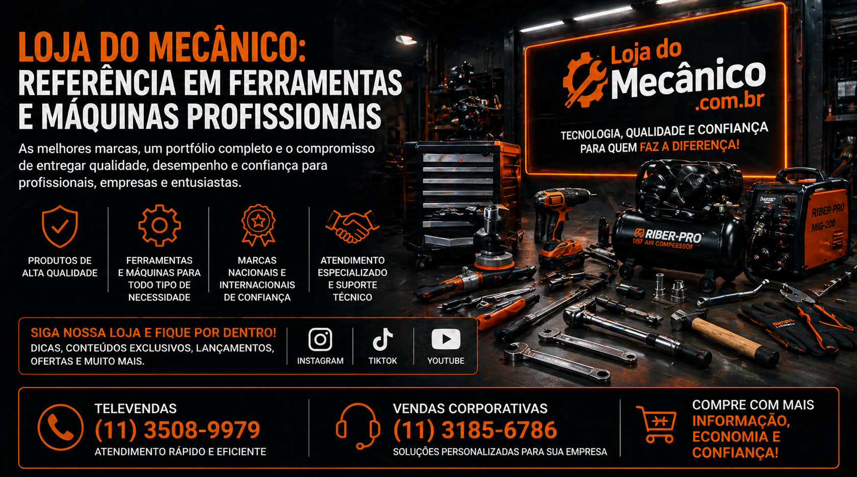 Loja do Mecânico com ferramentas e máquinas profissionais para oficina, manutenção e uso industrial