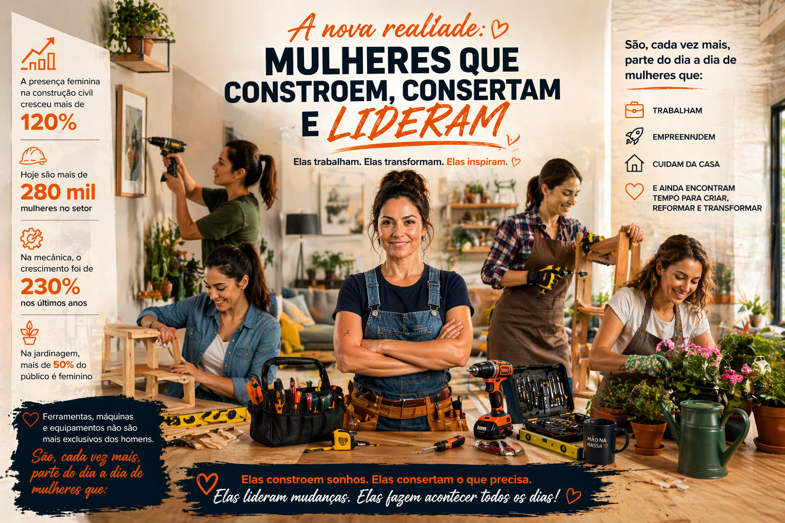 Mulheres usando ferramentas em casa e jardim representando mães que constroem, consertam e transformam ambientes