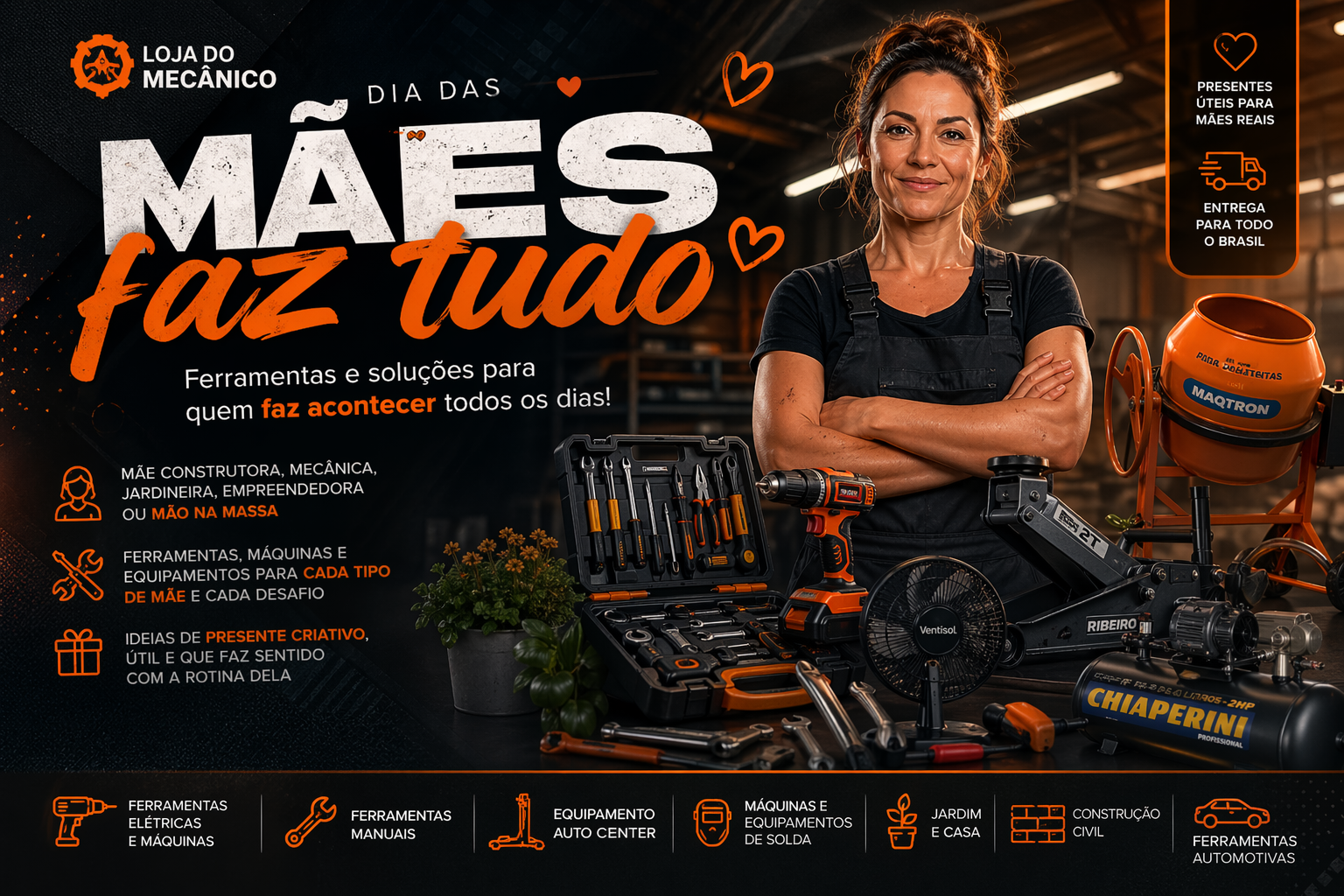 Mulher profissional com ferramentas e equipamentos representando ideias de presente para o Dia das Mães na Loja do Mecânico