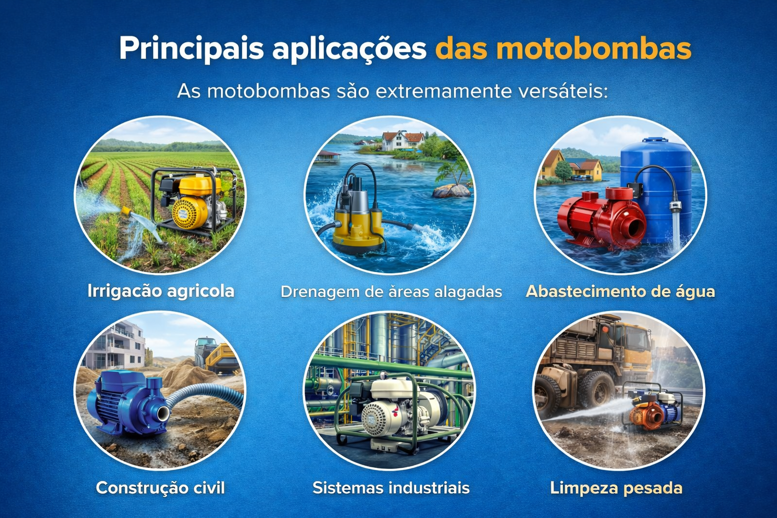 Aplicações de motobombas em irrigação, drenagem, construção civil e abastecimento de água