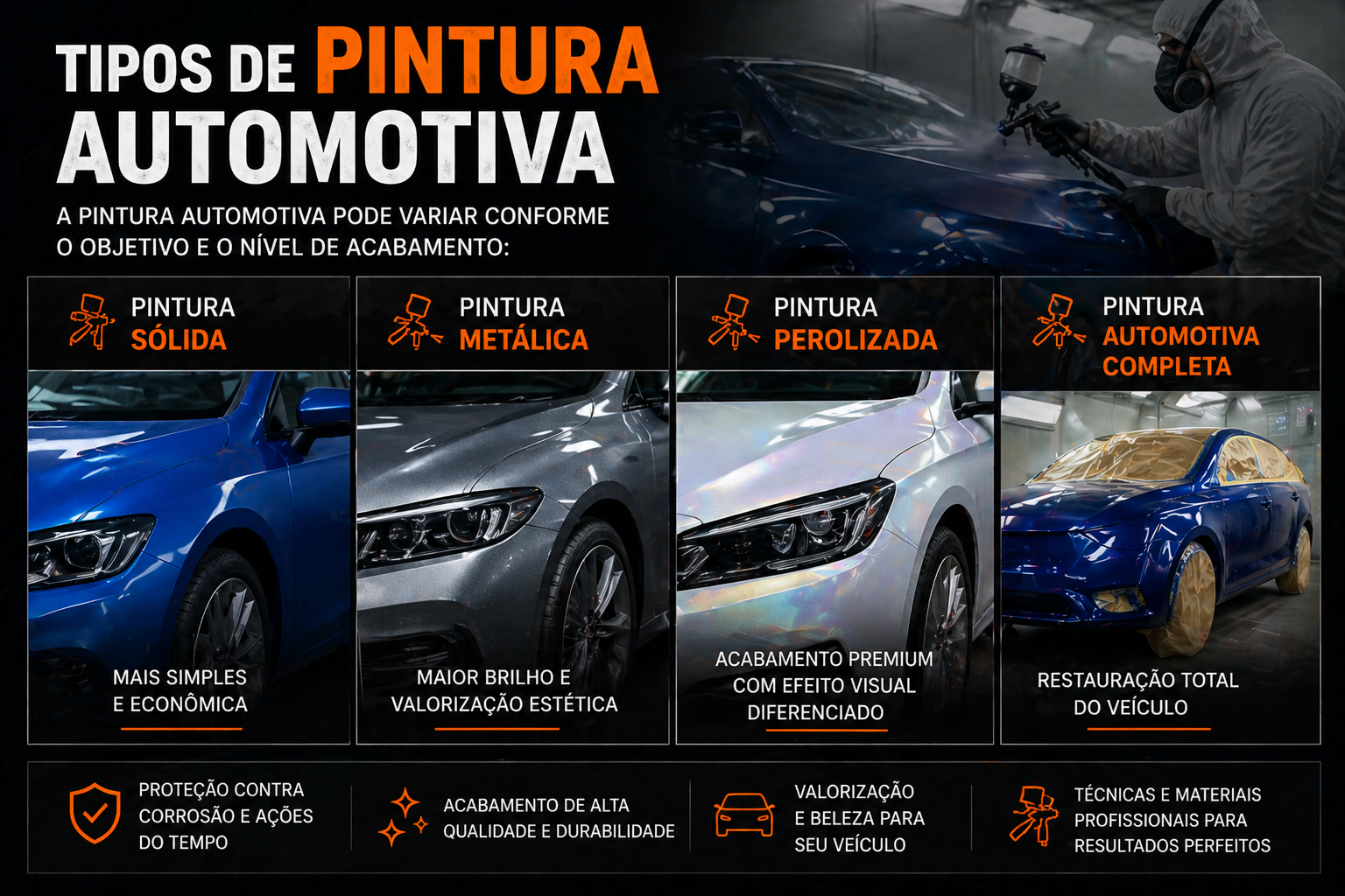 Tipos de pintura automotiva: sólida, metálica, perolizada e pintura completa com exemplos de acabamento em veículos