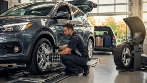 Alinhamento de carro para viagem sendo feito em oficina com equipamento profissional de geometria automotiva