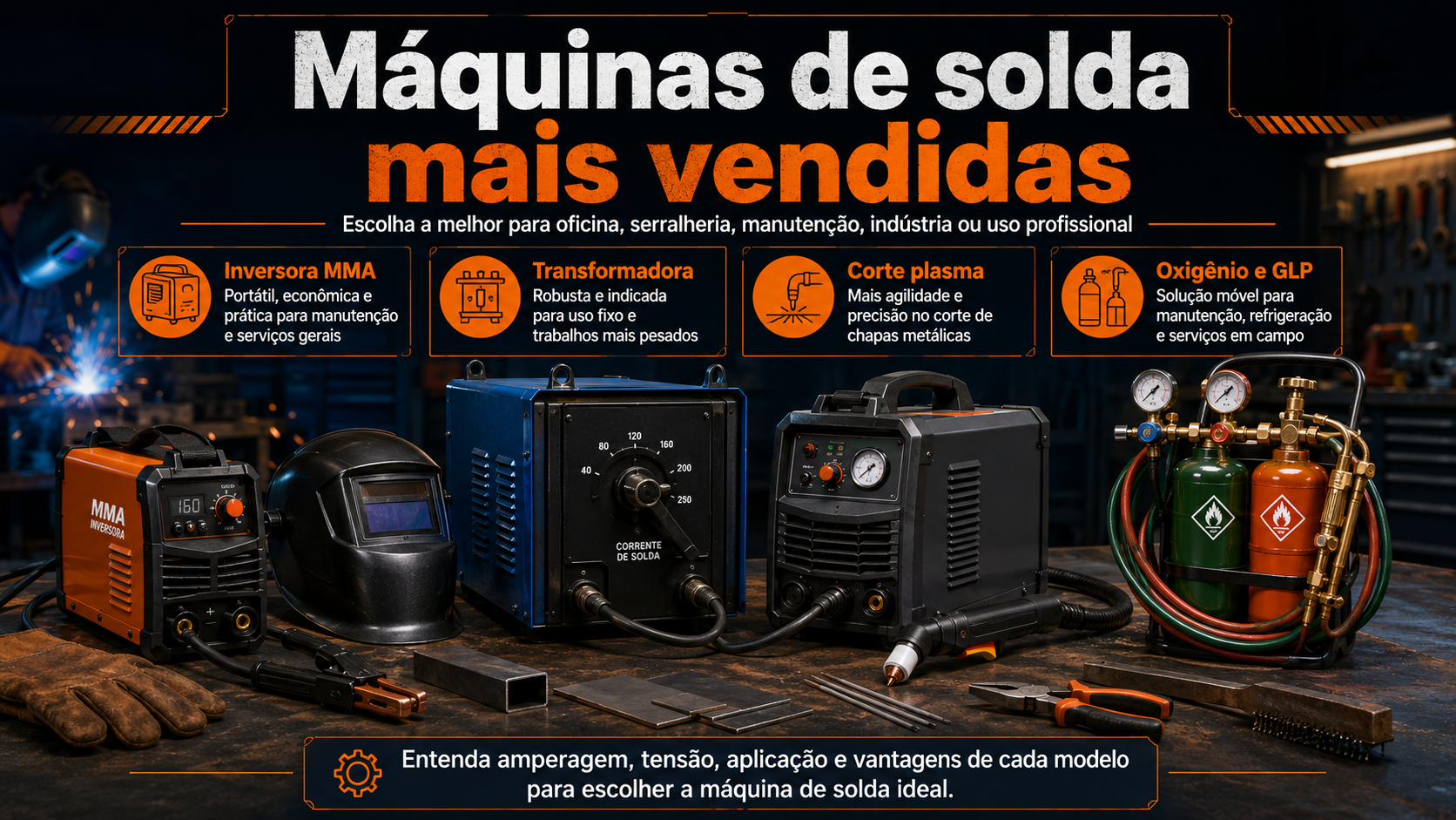 Máquinas de solda mais vendidas com modelos inversora MMA, transformadora, corte plasma e oxigênio GLP para uso profissional