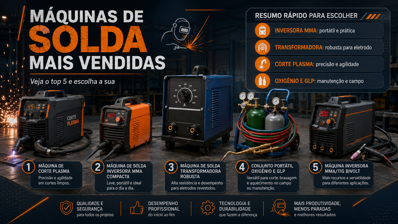 Máquinas de solda mais vendidas com resumo rápido para escolher entre inversora MMA, transformadora, corte plasma e oxigênio GLP