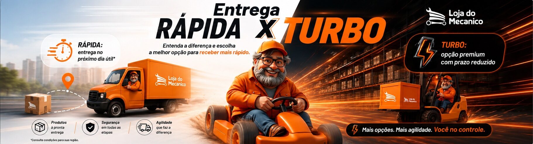Banner da Loja do Mecânico comparando Entrega Rápida e Entrega Turbo, com caminhão, empilhadeira, personagem Zé e destaque para opções de entrega mais ágeis.