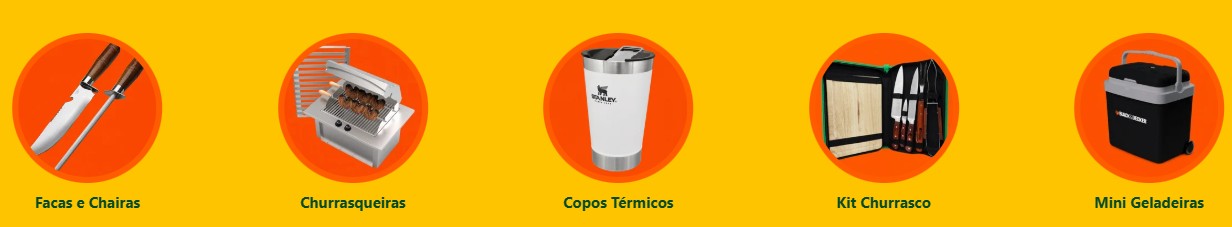 Copa do Mundo 2026 com produtos para churrasco, casa e lazer, incluindo facas, chairas, churrasqueira, copo térmico, kit churrasco e mini geladeira
