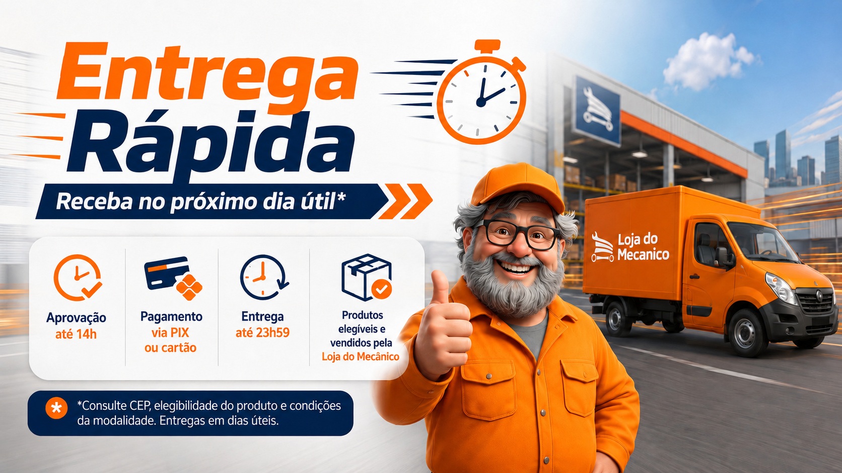 Banner da Loja do Mecânico sobre Entrega Rápida, com personagem Zé, caminhão de entrega e destaque para recebimento no próximo dia útil.