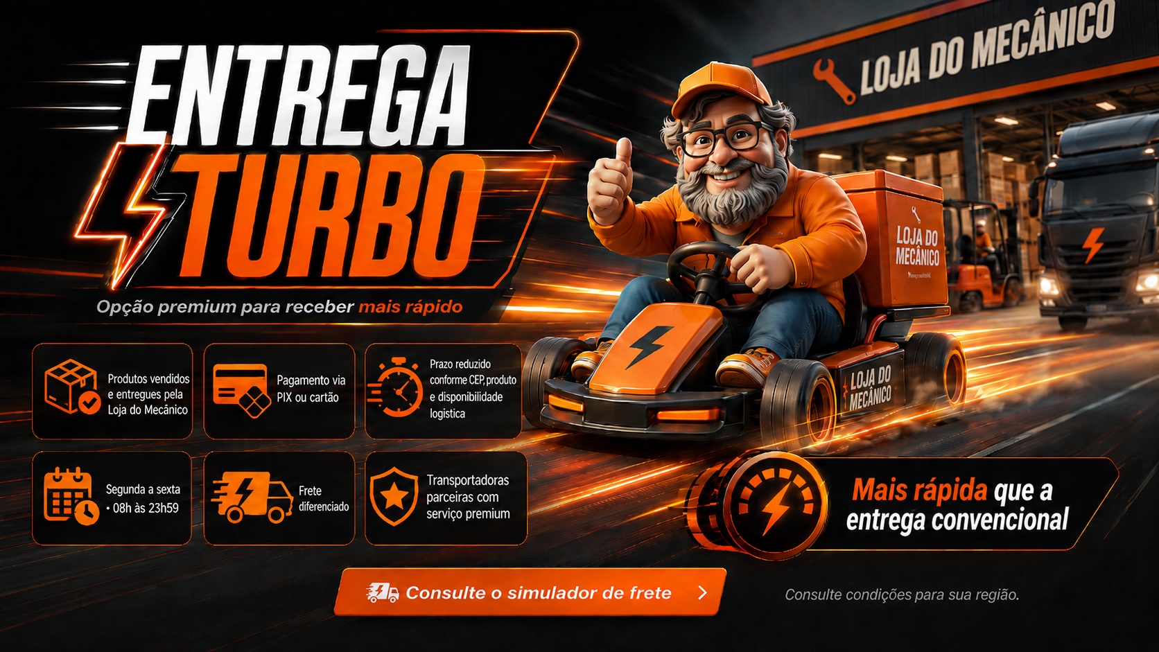 Entrega Turbo da Loja do Mecânico com o Zé, opção premium de frete rápido, prazo reduzido conforme CEP, produto e disponibilidade logística