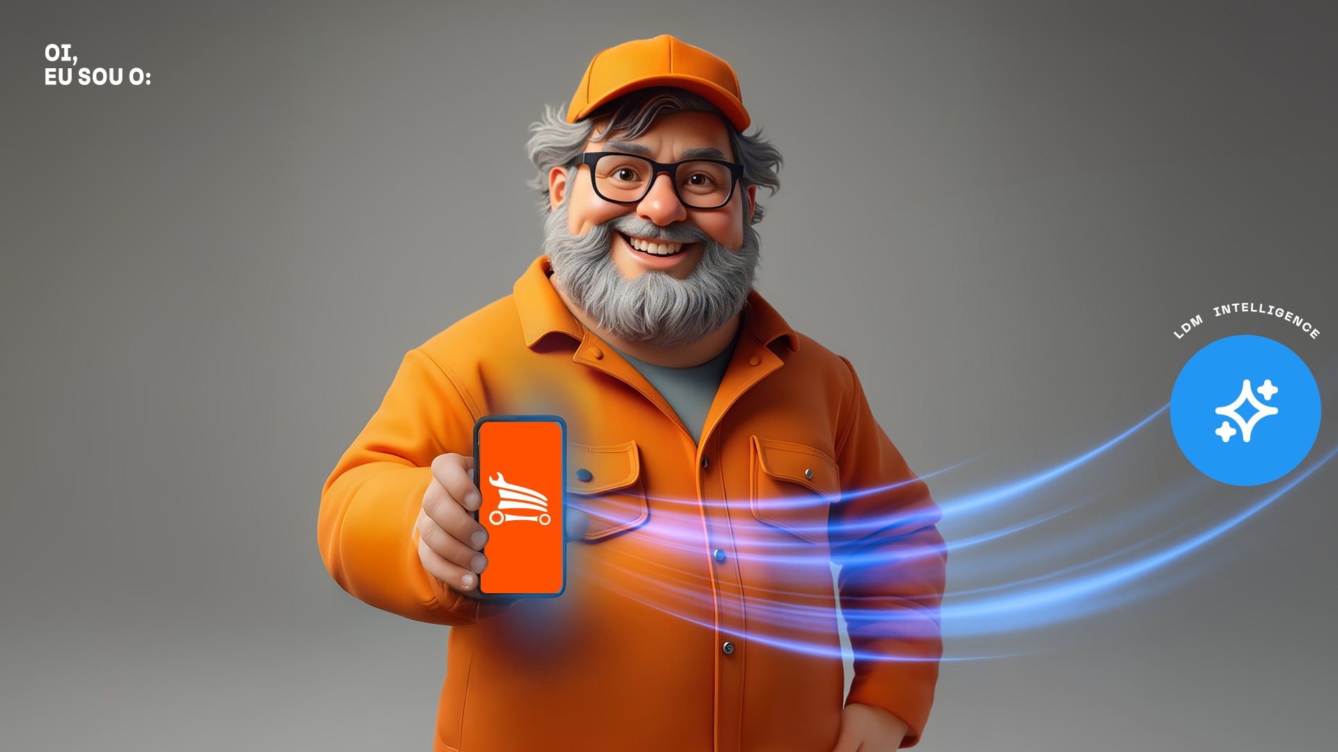 Personagem 3D com barba e óculos vestindo uniforme laranja, segurando um celular com ícone de carrinho de compras, com mensagem “Oi, eu sou o:” ao lado.
