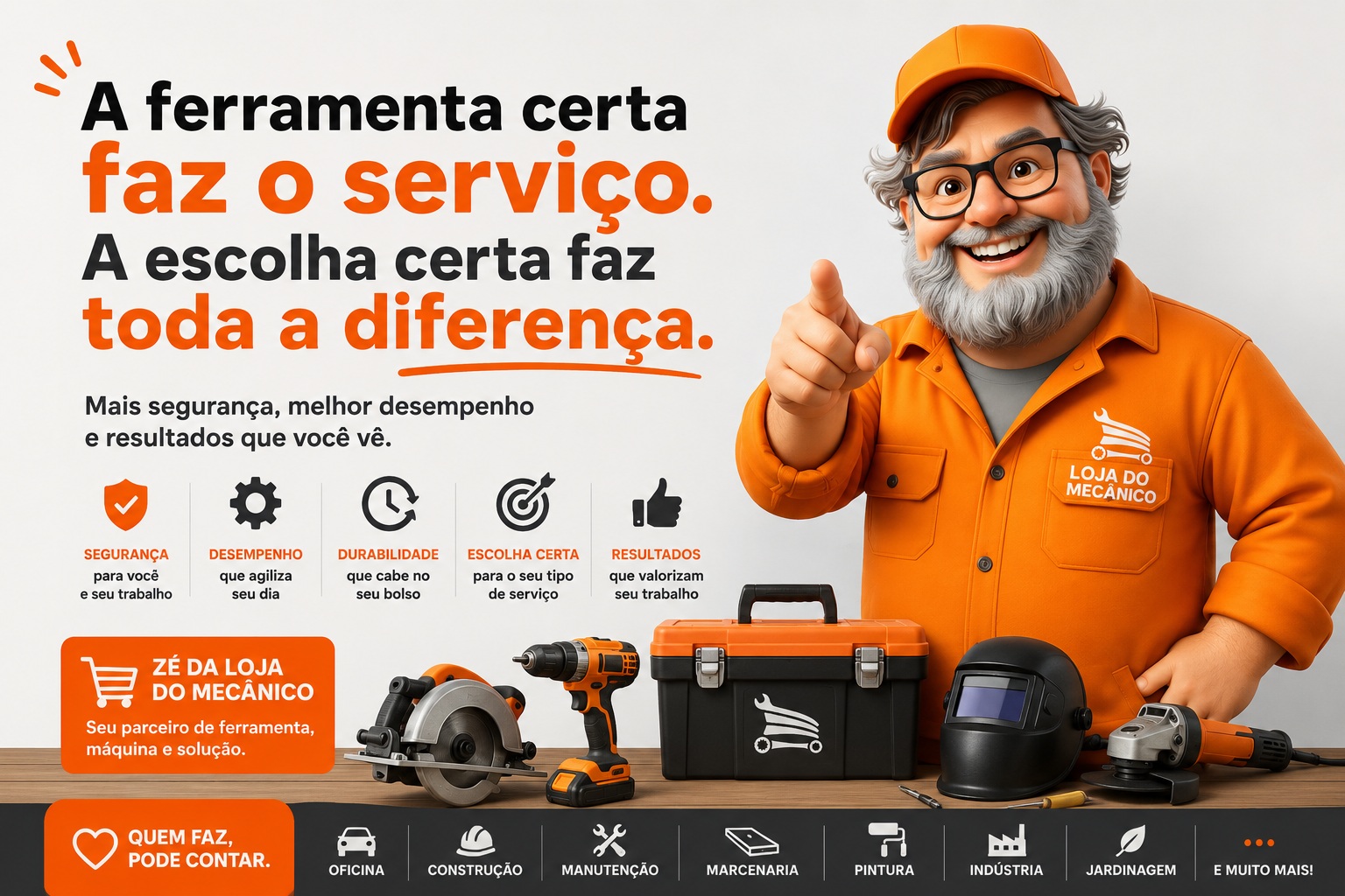 Imagem promocional do Zé da Loja do Mecânico apontando para o cliente ao lado de ferramentas profissionais, com mensagem sobre escolher a ferramenta certa para ter mais segurança, desempenho, durabilidade e melhores resultados no serviço.