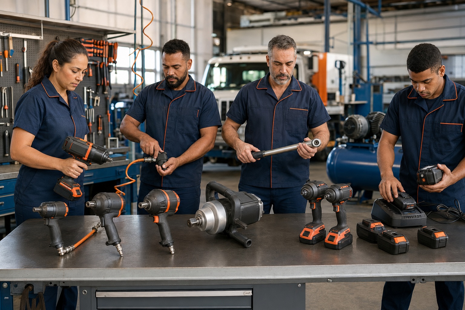 Mecânicos com chaves de impacto pneumáticas, elétrica e a bateria, compressor de ar e torquímetro na oficina.