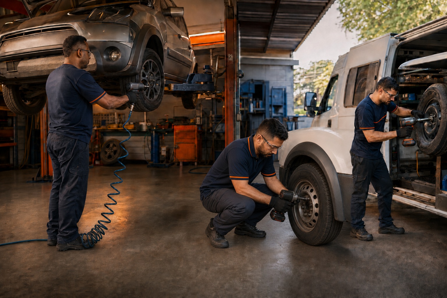 Mecânicos usando chave de impacto pneumática e a bateria em serviços automotivos na oficina.