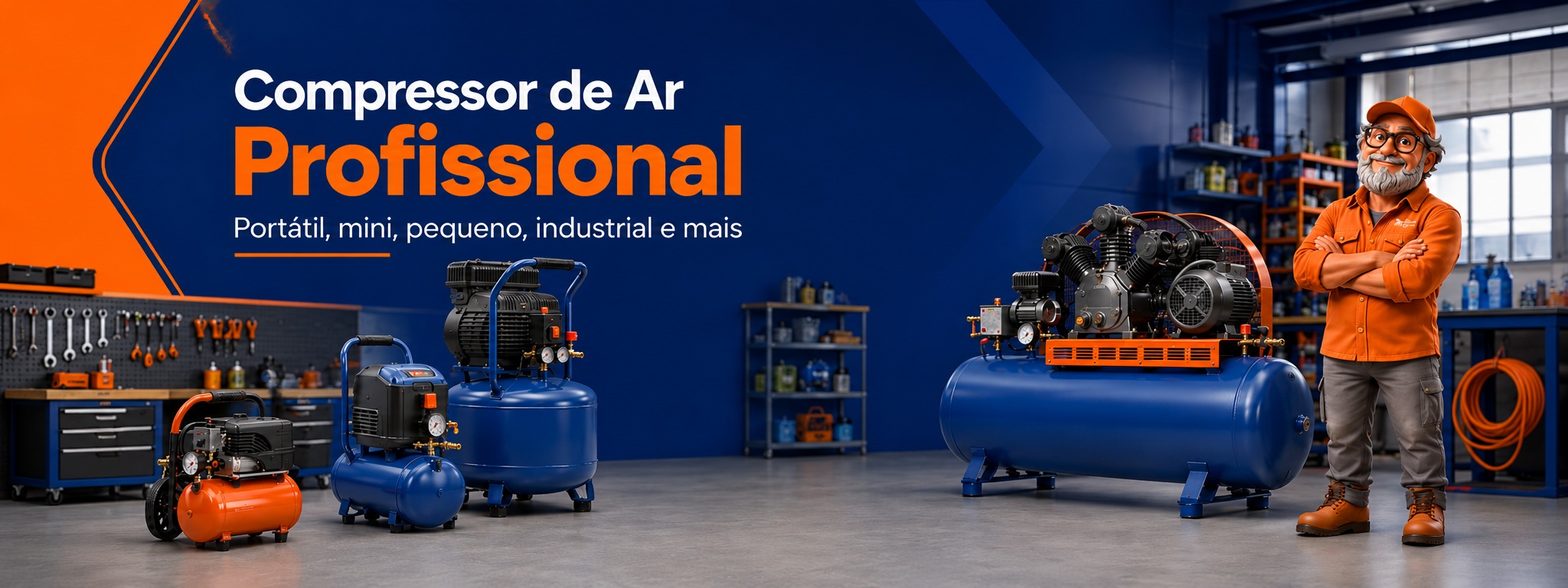 Compressor de Ar Profissional em oficina com modelos portáteis, pequenos e industriais, ao lado do Zé da Loja do Mecânico