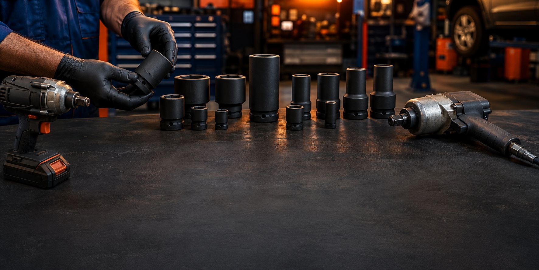 Soquetes de impacto com chave pneumática e chave de impacto a bateria em uma oficina.