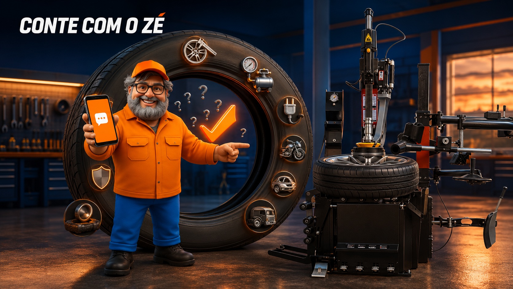Zé apresenta uma máquina de desmontar pneu e orienta sobre aplicação, aro, compressor e suporte técnico.