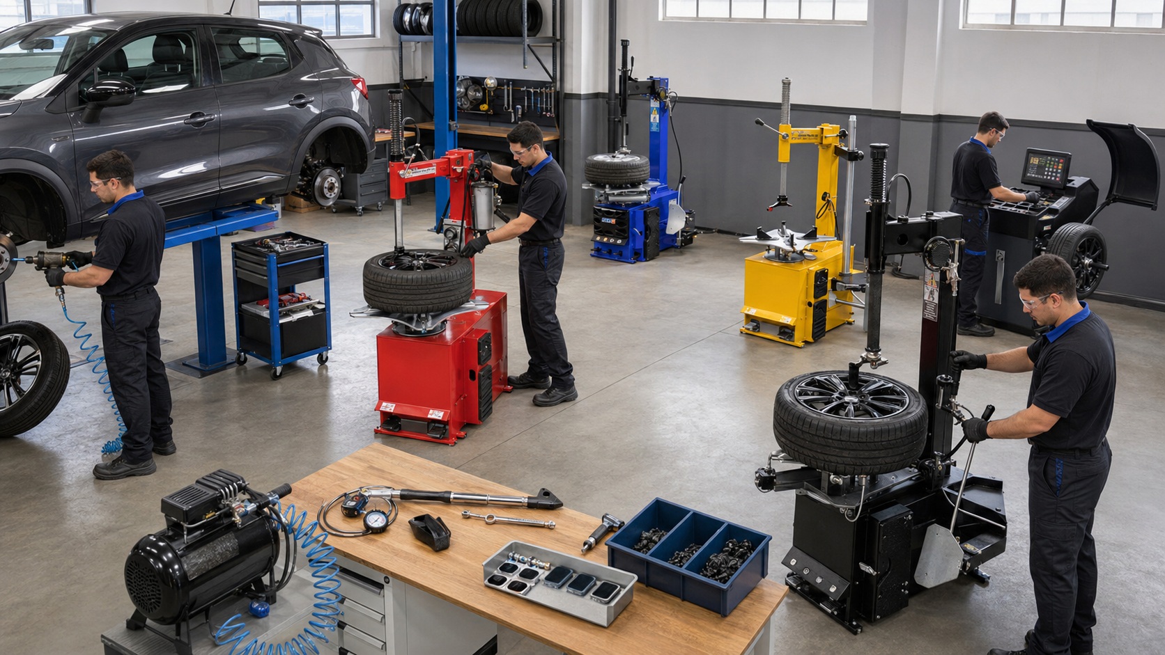 Operação de pneus com máquina de desmontar pneu, elevador, balanceadora e compressor em auto center.