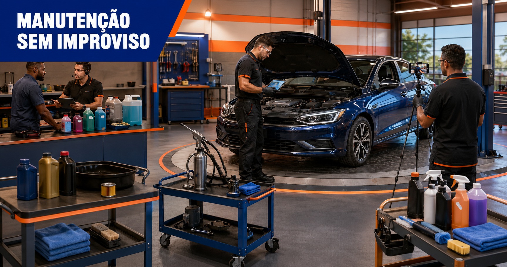 Profissionais realizam manutenção automotiva com aditivos, lubrificantes, ferramentas e orientação técnica em um auto center.