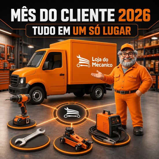 Mês do Cliente 2026 com ferramentas e equipamentos reunidos no hub da Loja do Mecânico