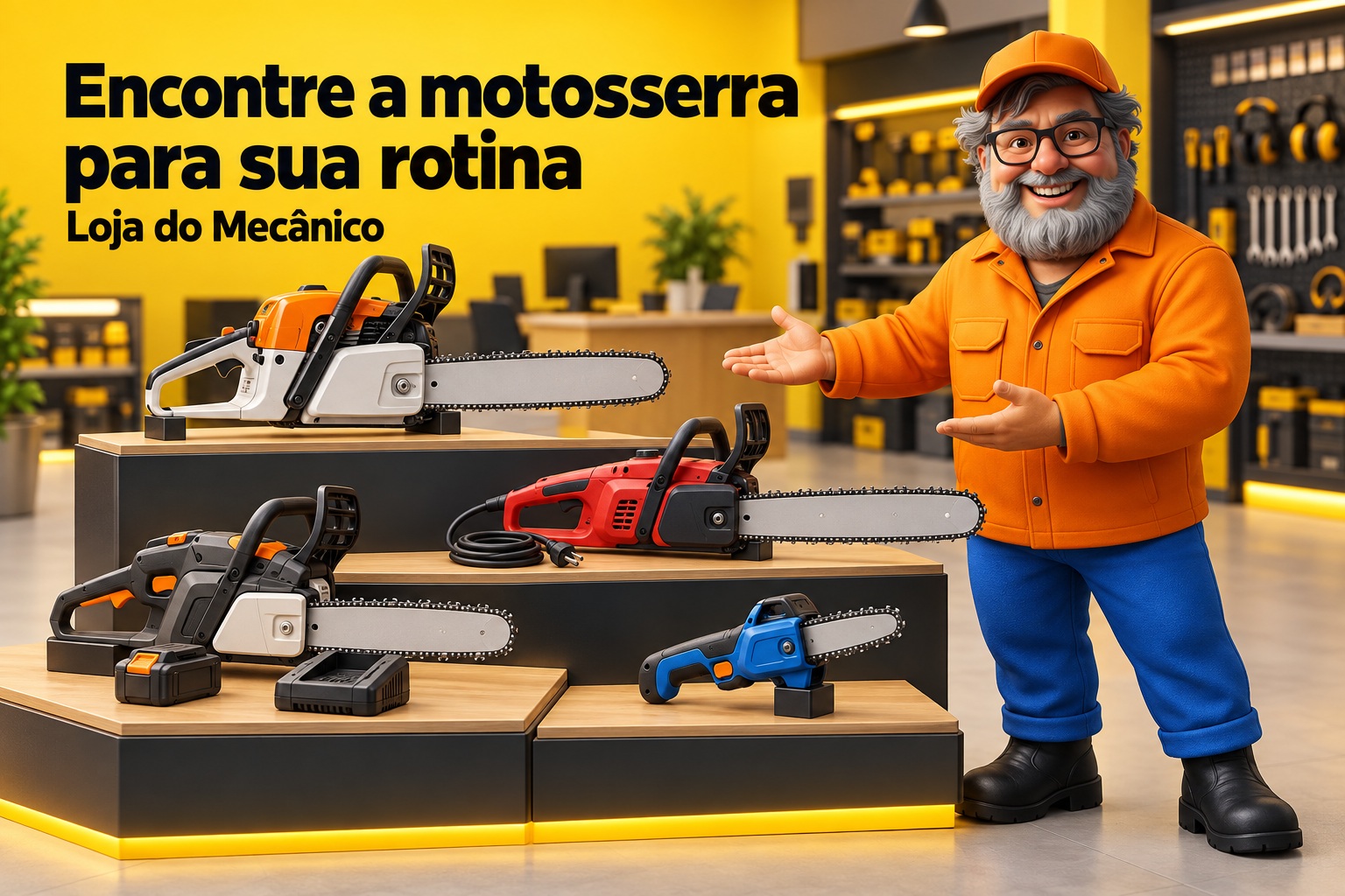 Zé apresenta quatro modelos de motosserra em exposição, com a chamada “Encontre a motosserra para sua rotina”, da Loja do Mecânico.
