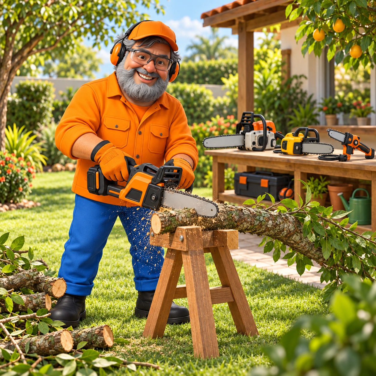 Zé usando motosserra para jardim com bateria para cortar um galho apoiado, enquanto outros modelos aparecem ao fundo.