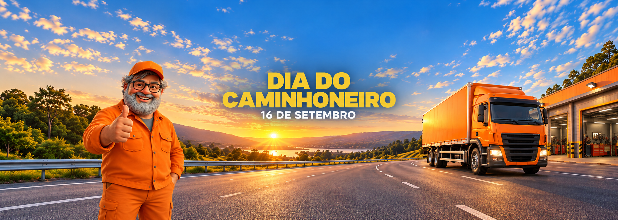 Caminhoneiro ao lado de caminhão de carga laranja em uma rodovia, com a mensagem Dia do Caminhoneiro, 16 de setembro.