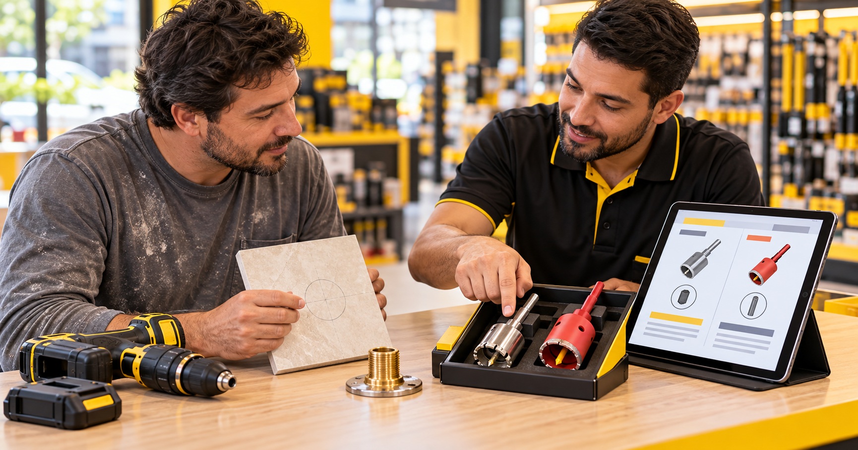 Cliente mostra uma amostra de revestimento e uma furadeira enquanto um consultor compara duas serras copo diamantadas.