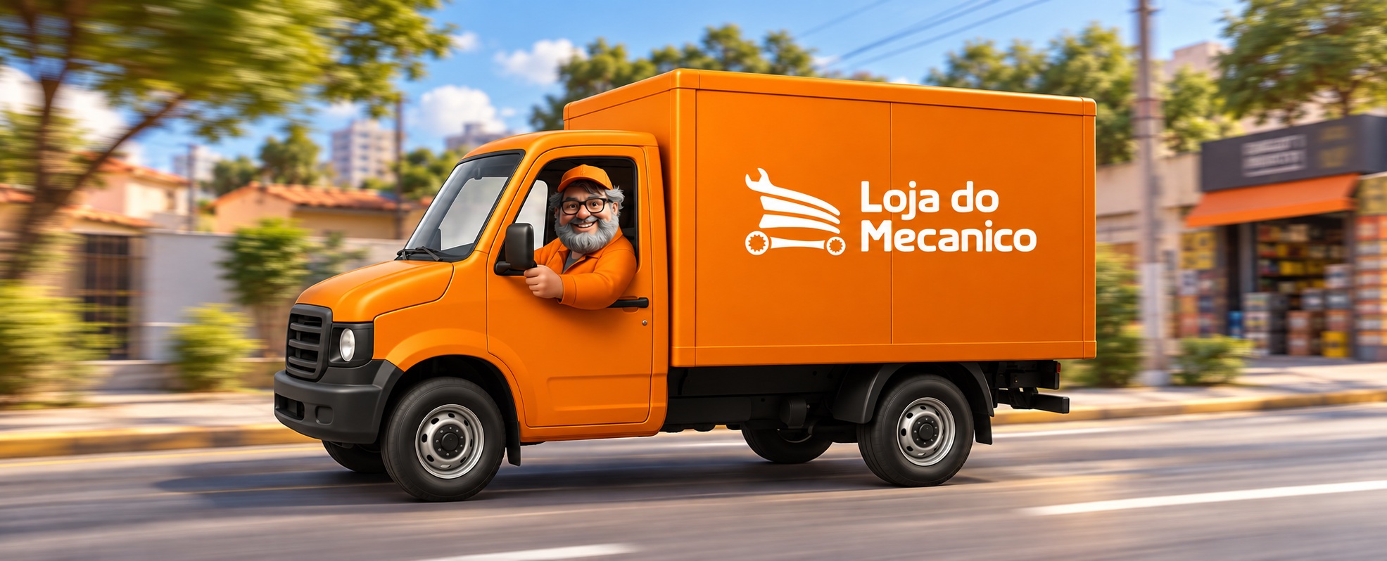 Zé dirigindo o caminhão laranja da Loja do Mecânico durante uma entrega em uma rua urbana.