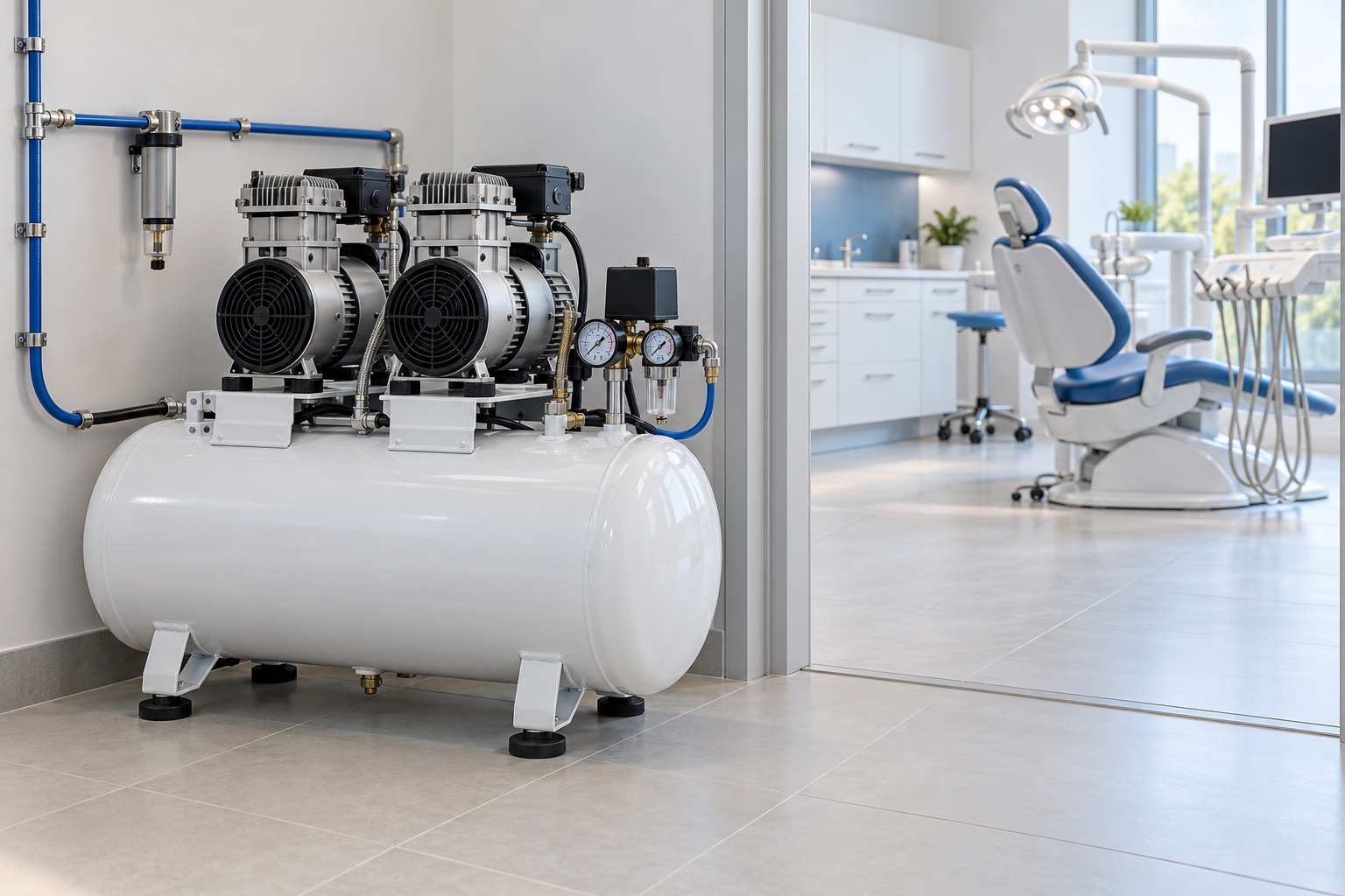 Ilustração de compressor odontológico em área técnica, com cadeira e equipamentos do consultório ao fundo.