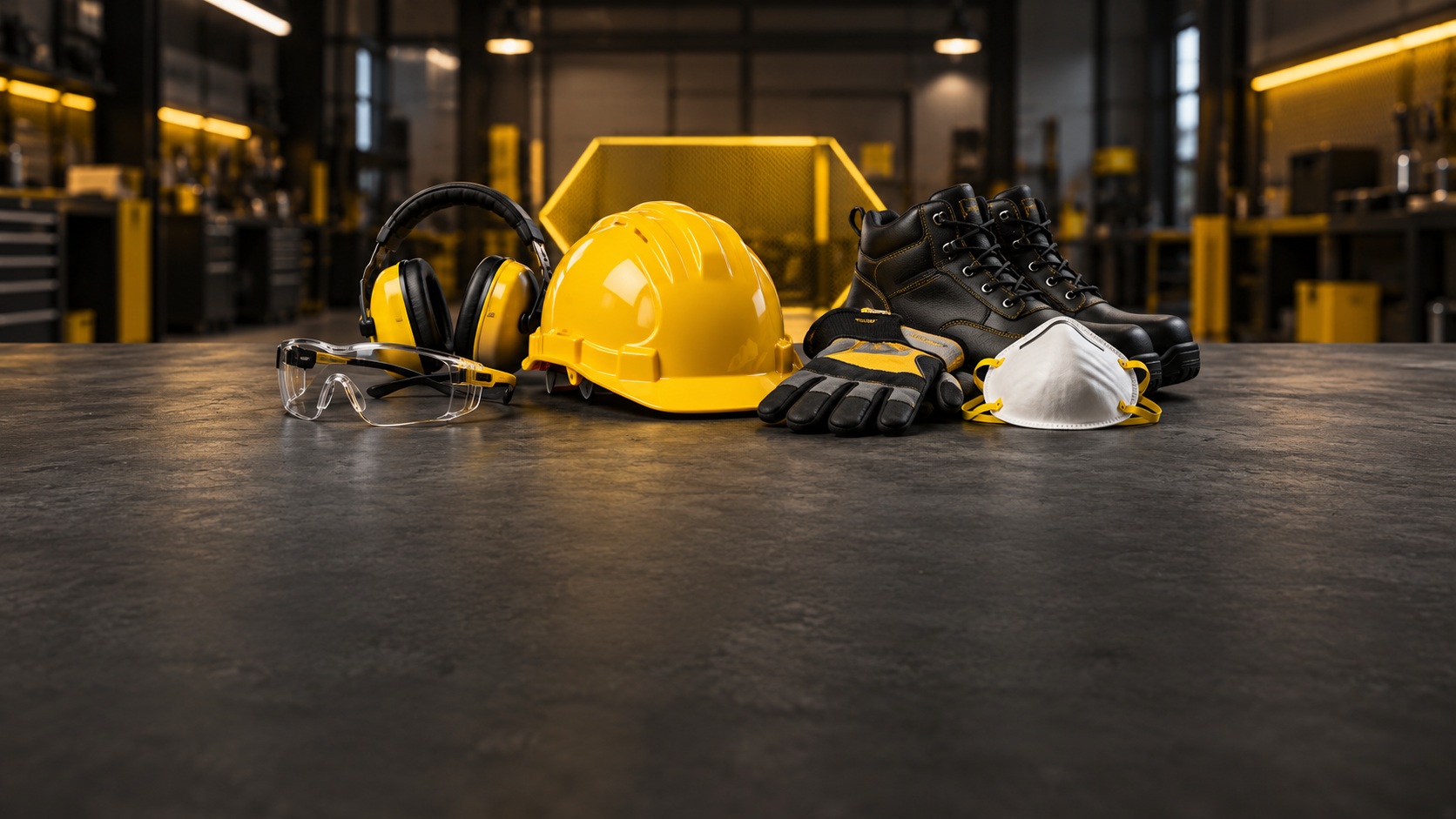 Capacete amarelo, óculos de proteção, abafador de ruído, luvas, respirador e botas de segurança sobre bancada de oficina indicados pelas normas reguladoras.