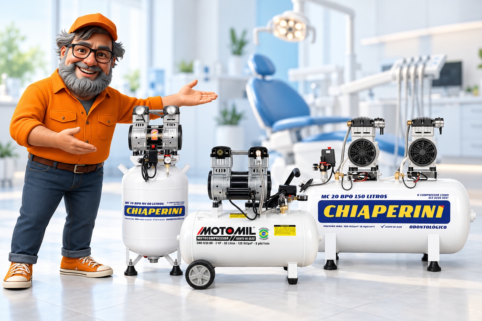 Zé apresenta três compressores odontológicos das marcas Chiaperini e Motomil, com consultório ao fundo.
