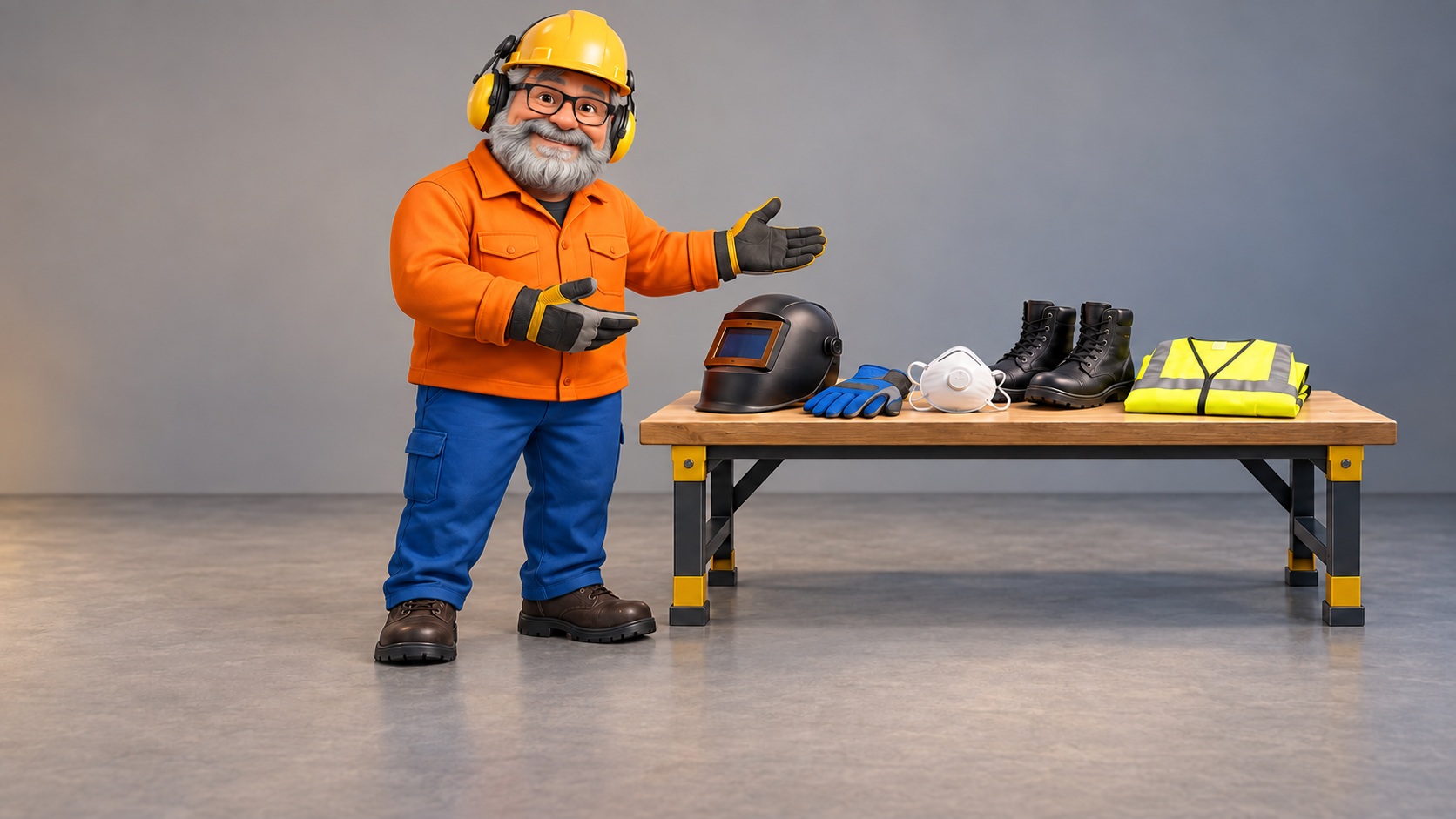 Zé usando capacete, proteção auditiva, óculos e luvas ao lado de uma mesa com máscara de solda, respirador, botas e colete refletivo.
